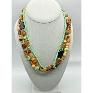 Vintage Multi Strand 3 Glass Bead Necklace Brown Green Boho 18" Toggle Closure
